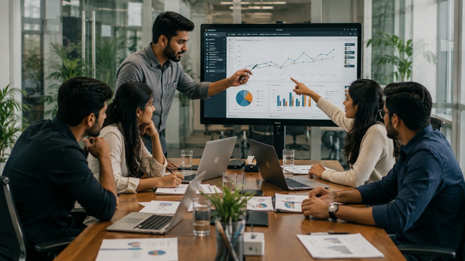 Team reviewing an internal reporting dashboard on a large display