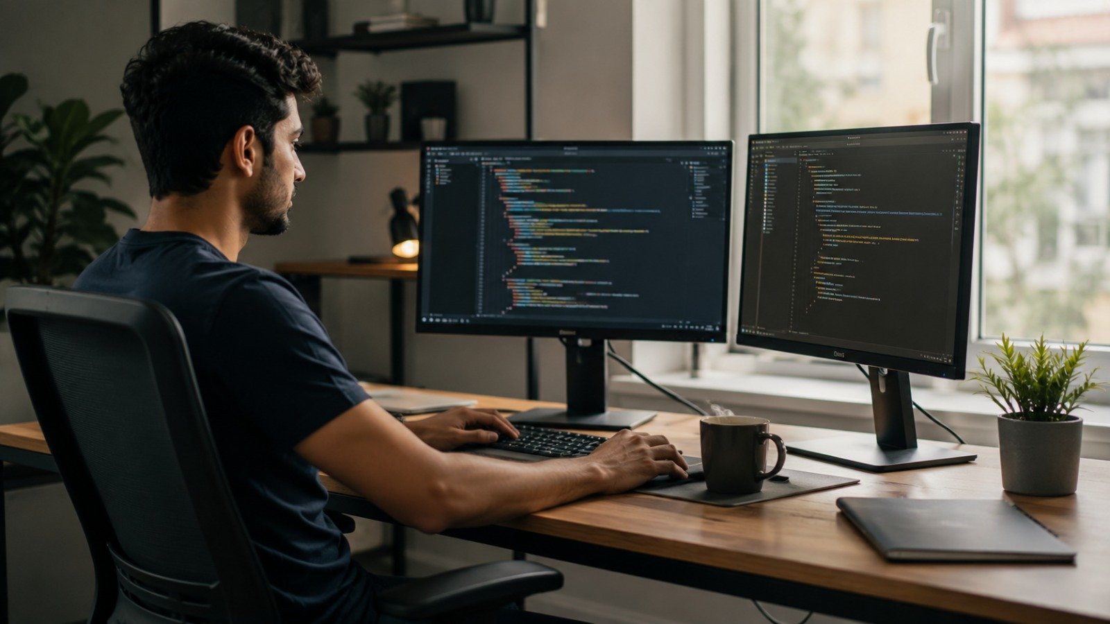 Developer building a responsive website on a dual-monitor workstation