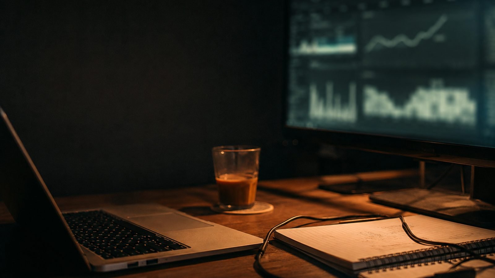 A desk at night with search performance charts on a monitor and a notebook of working notes