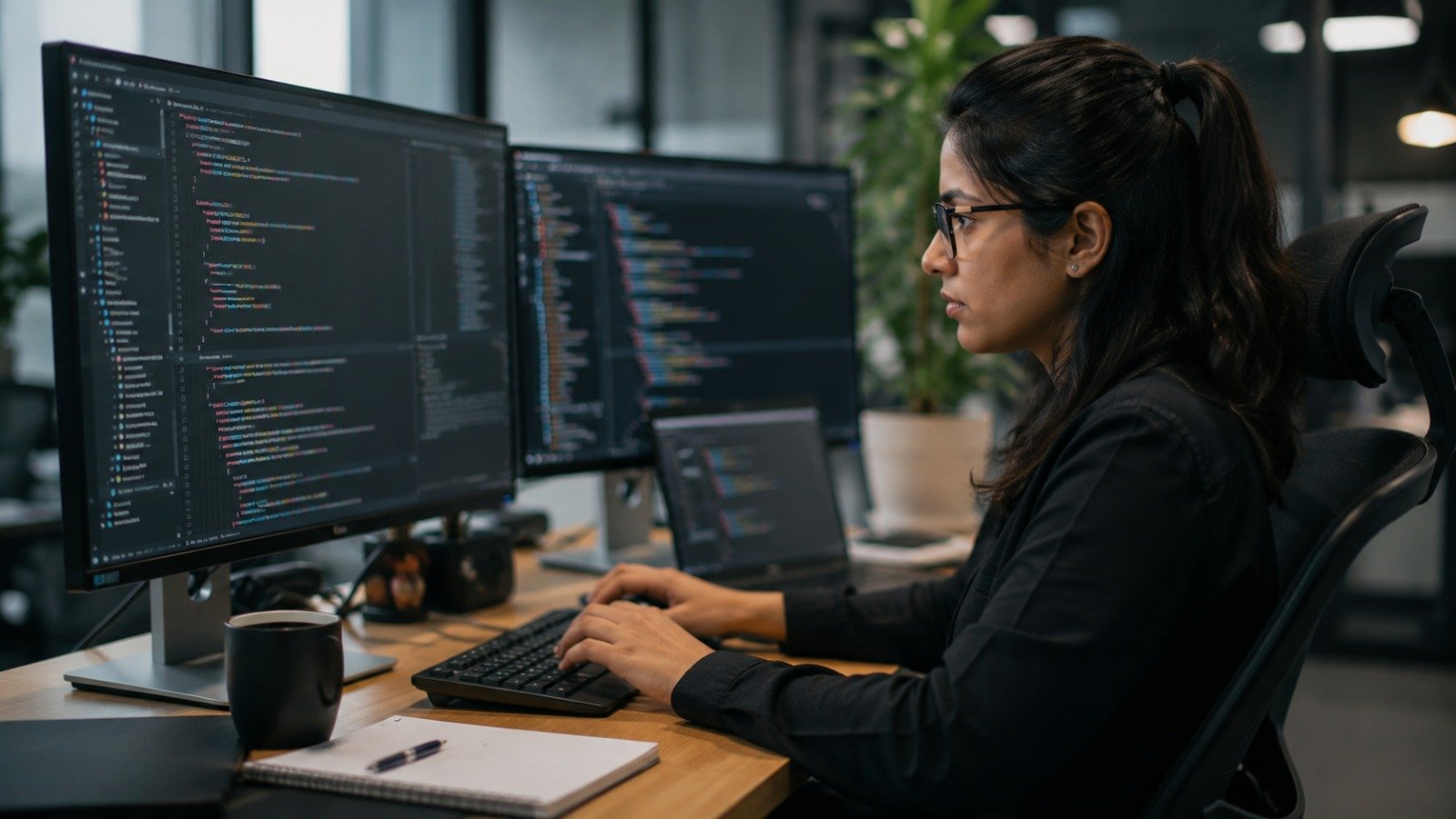 Software engineer writing application code across two monitors