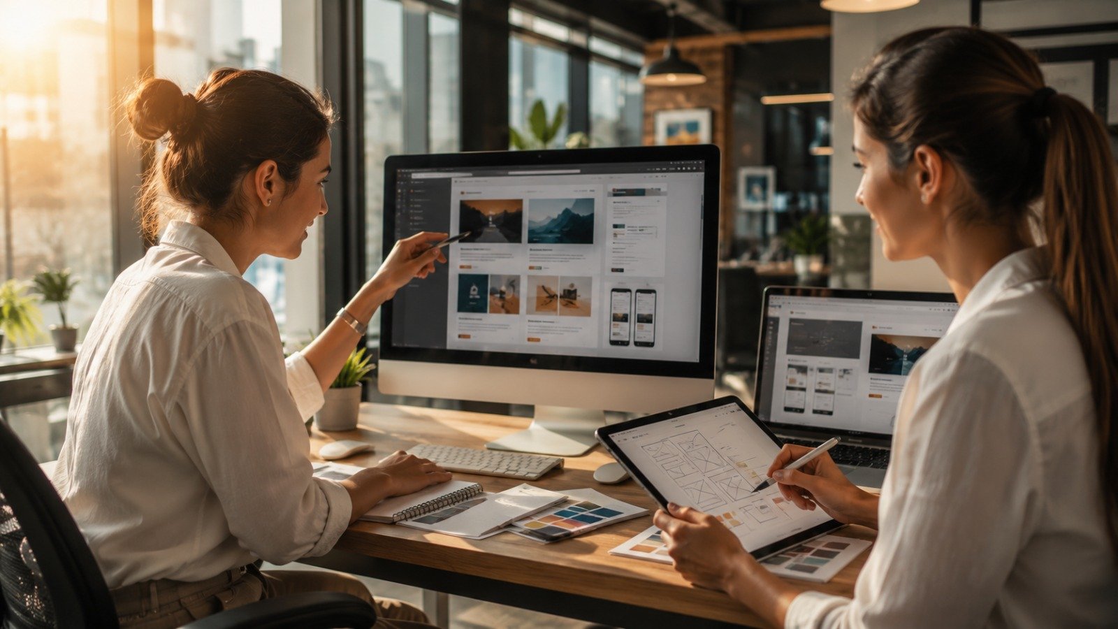 Designers marking up interface wireframes on printed layouts